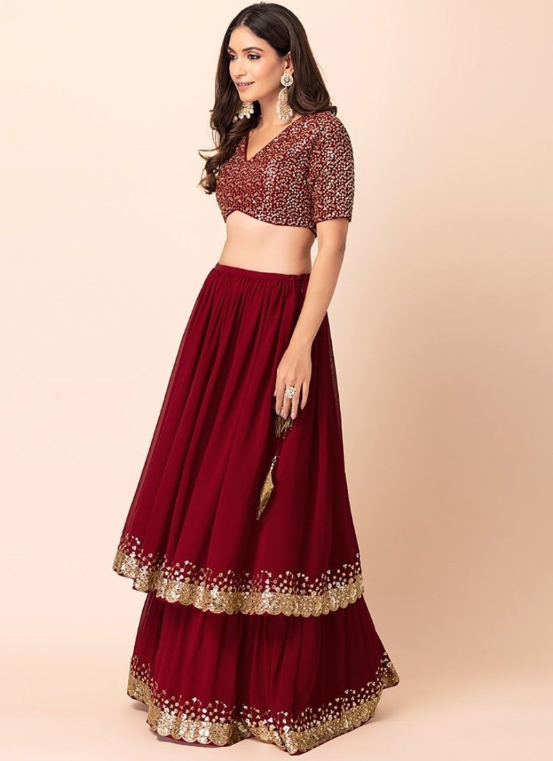 Georgette Embroidery Work Maroon Lehenga Choli For Wedding