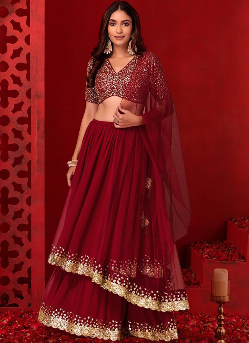 Georgette Embroidery Work Maroon Lehenga Choli For Wedding