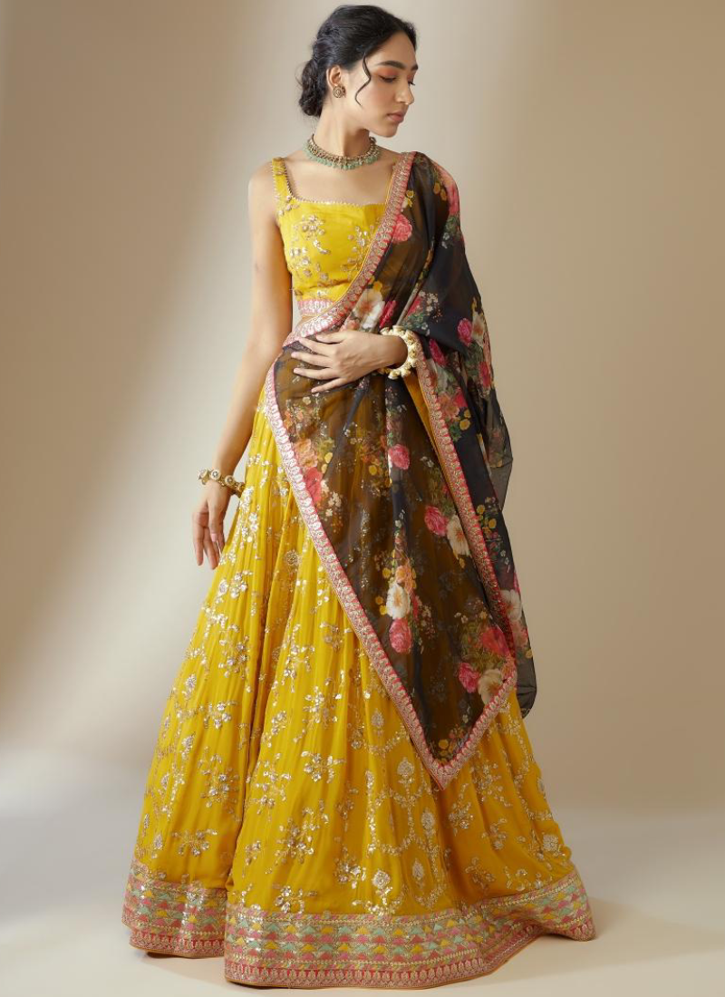 Haldi Special Floral Embroidered Georgette Yellow Lehenga Choli