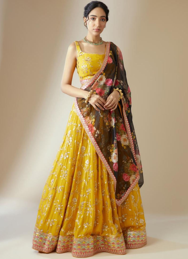 Haldi Special Floral Embroidered Georgette Yellow Lehenga Choli