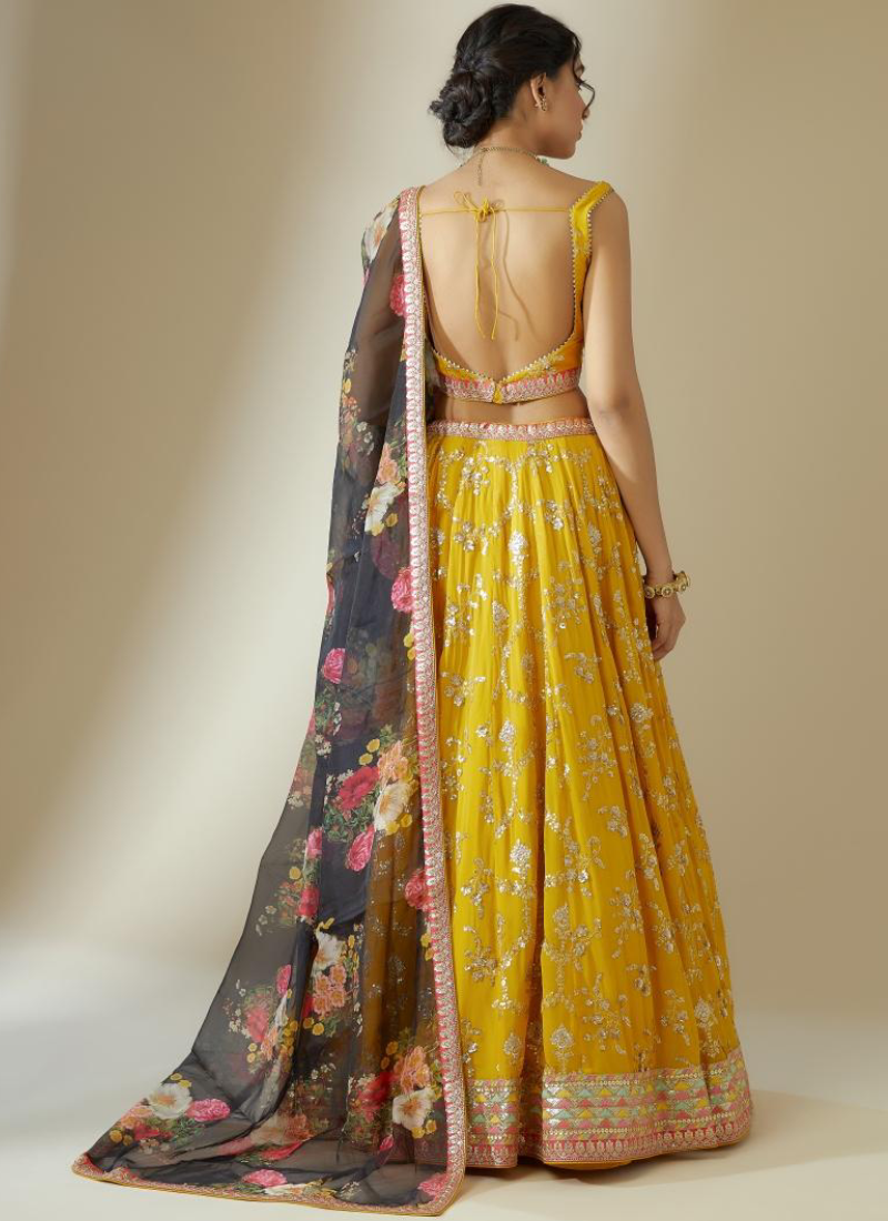Haldi Special Floral Embroidered Georgette Yellow Lehenga Choli