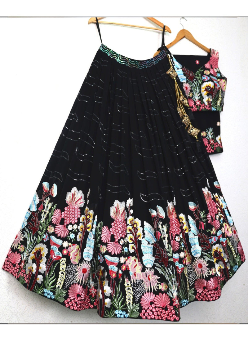 Georgette Multi Thread Work Black Lehenga Choli For Party