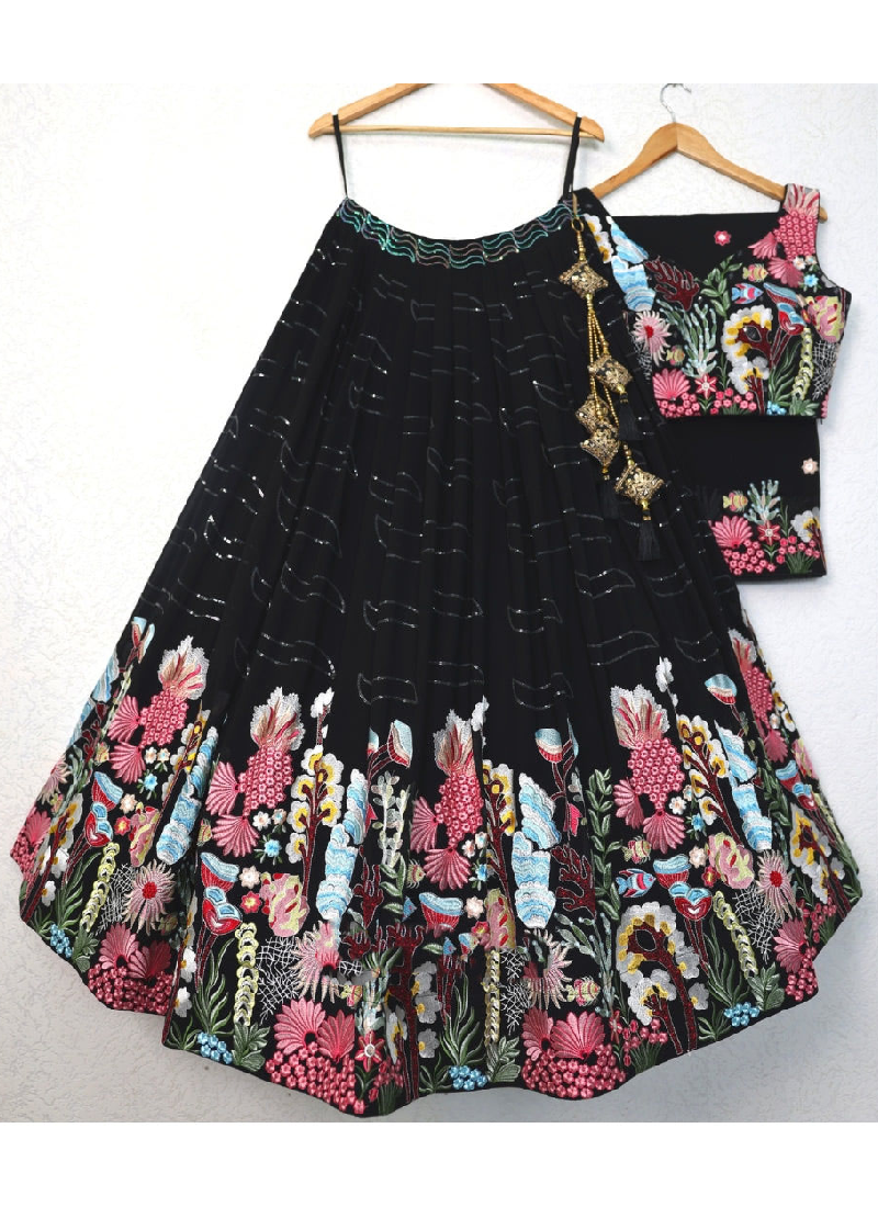 Georgette Multi Thread Work Black Lehenga Choli For Party