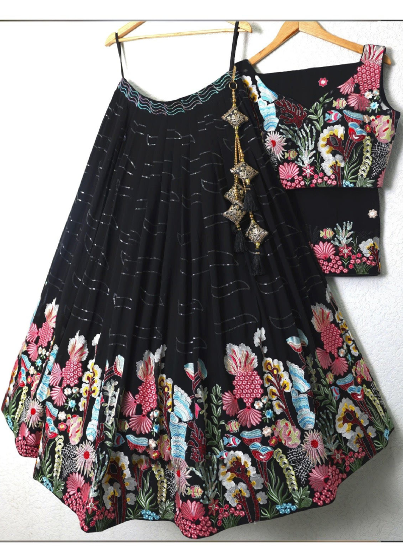 Georgette Multi Thread Work Black Lehenga Choli For Party