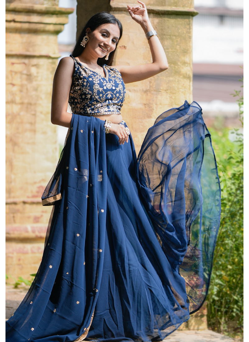 Zari Embroidered Party Wear Navy Blue Georgette Lehenga Choli