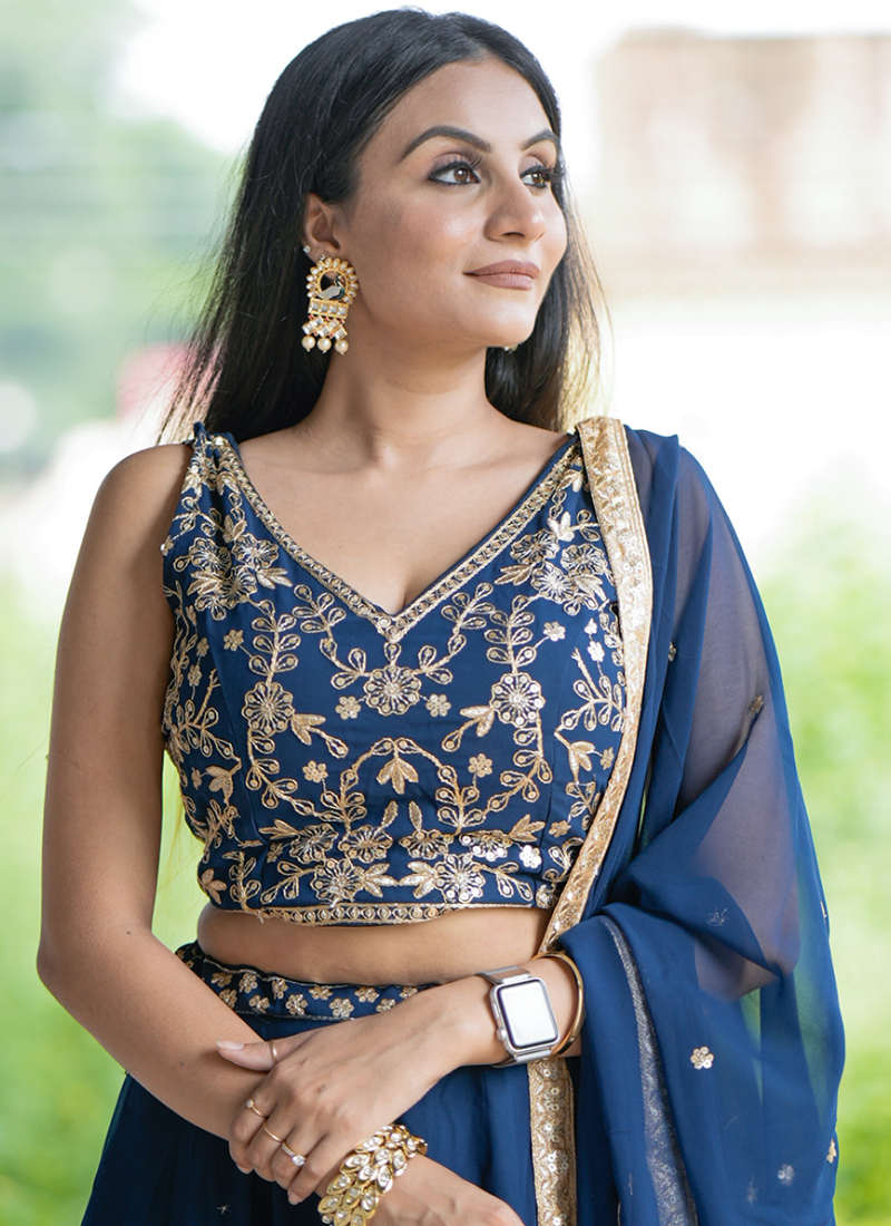 Zari Embroidered Party Wear Navy Blue Georgette Lehenga Choli