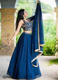Zari Embroidered Party Wear Navy Blue Georgette Lehenga Choli