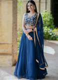 Zari Embroidered Party Wear Navy Blue Georgette Lehenga Choli