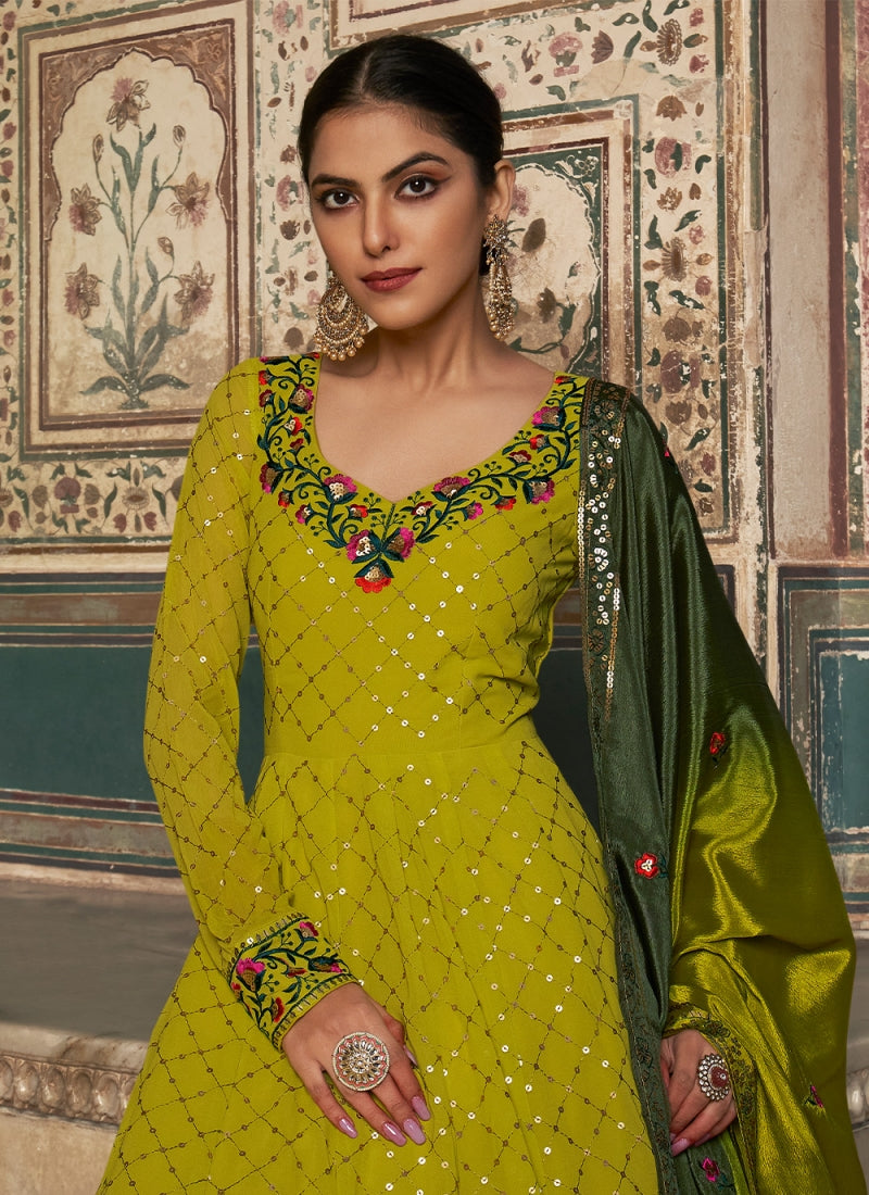 Georgette Thread Embroidered Lime Green Amazing Gown