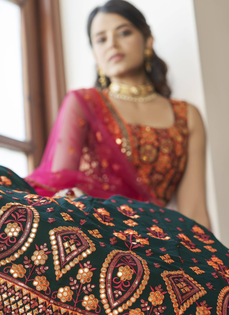 Dark Green Gota Patti Embroidered Georgette Lehenga Choli