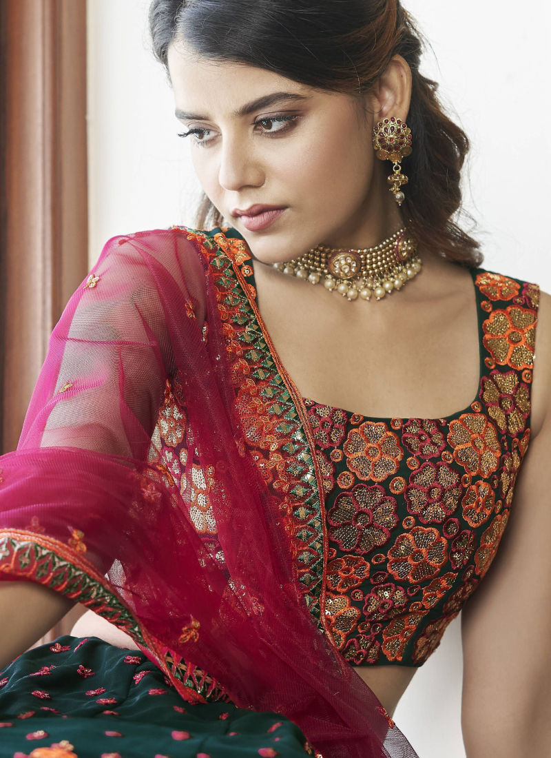 Dark Green Gota Patti Embroidered Georgette Lehenga Choli