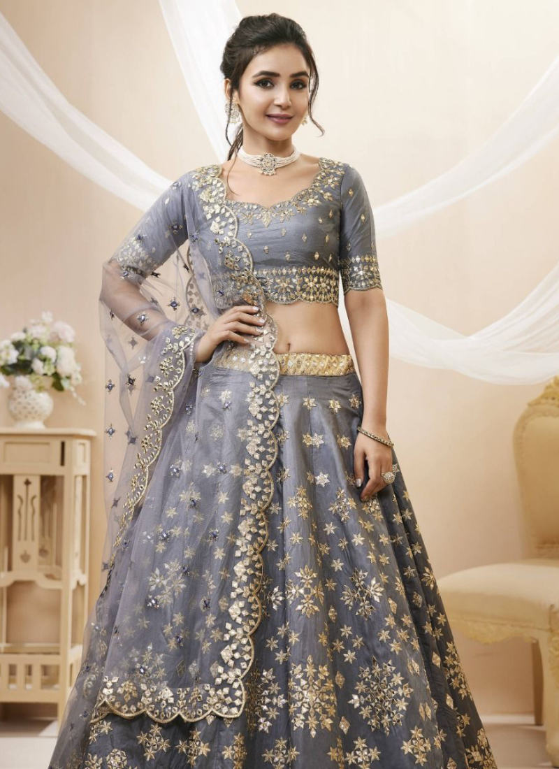 Grey Color Embroidered Work Mulberry Silk Lehenga Choli