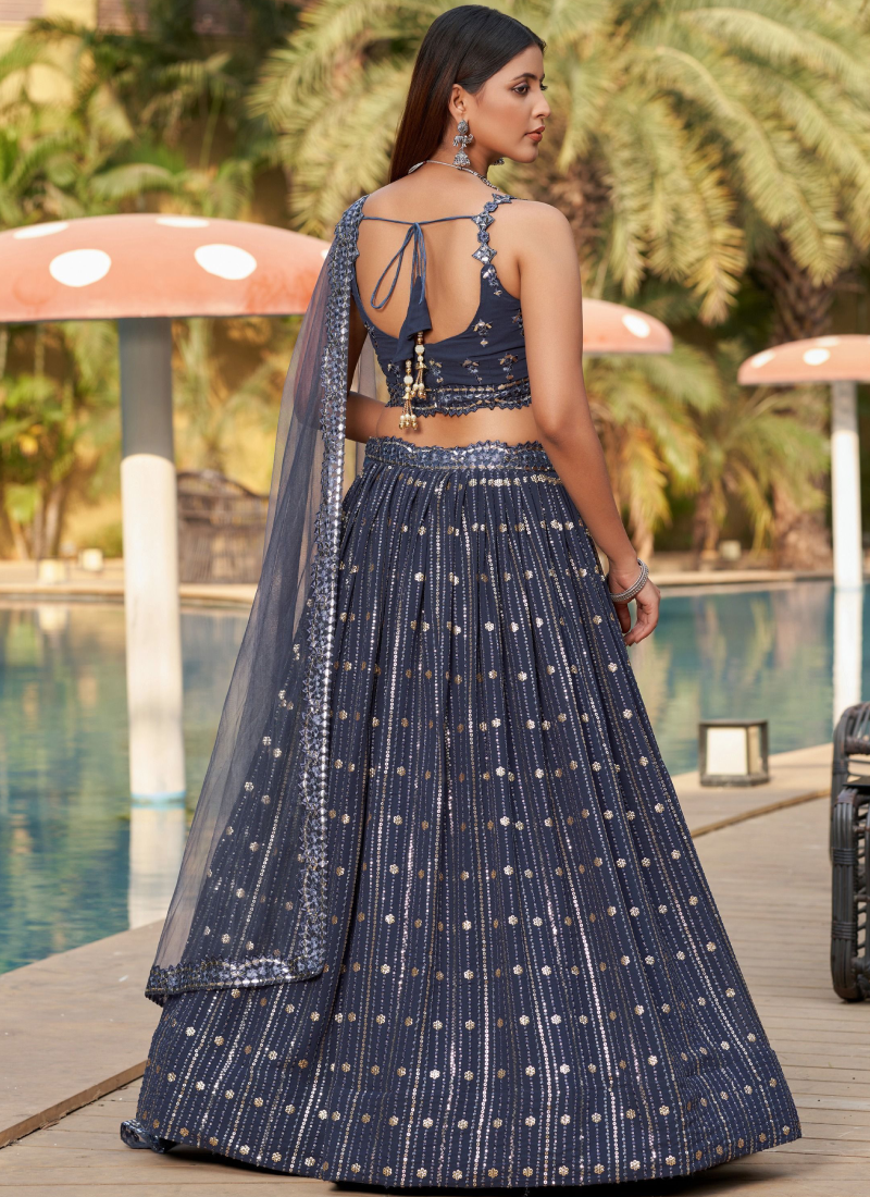 Sequence Embroidery Work Georgette Latest Grey Lehenga Choli