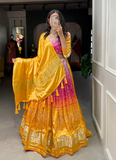 Haldi Special Bandhej Printed Pure Gaji Silk Yellow Lehenga Choli