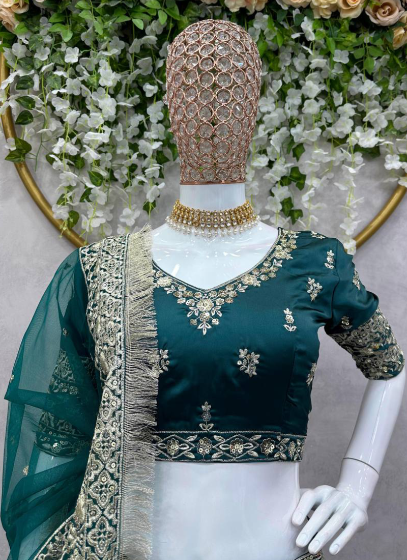 Japan Satin Dark Green Sequence Embroidered Lehenga Choli Set