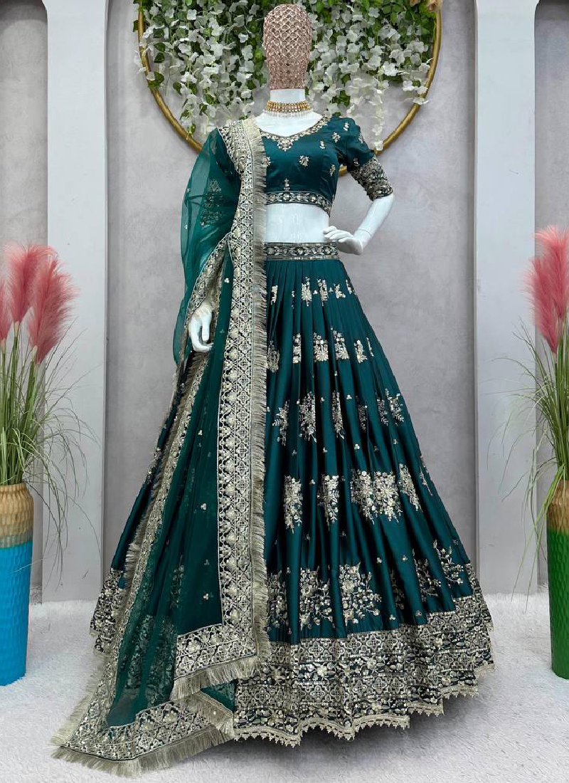 Japan Satin Dark Green Sequence Embroidered Lehenga Choli Set