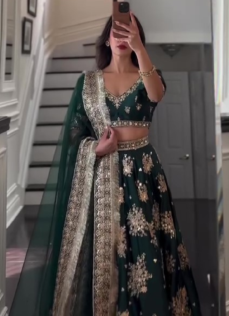 Japan Satin Dark Green Sequence Embroidered Lehenga Choli Set