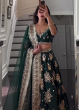 Japan Satin Dark Green Sequence Embroidered Lehenga Choli Set
