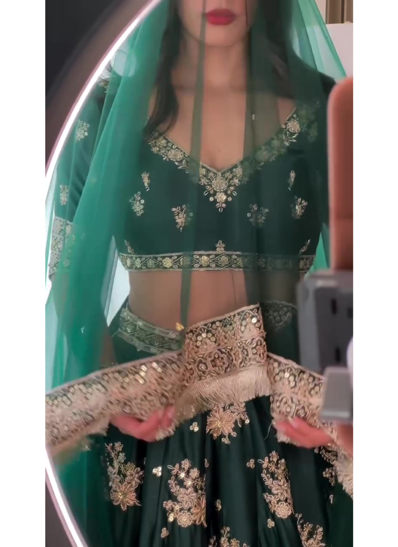 Japan Satin Dark Green Sequence Embroidered Lehenga Choli Set