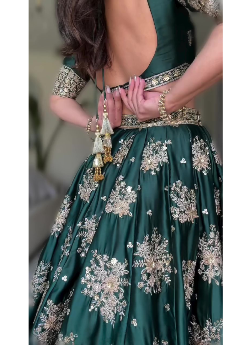 Japan Satin Dark Green Sequence Embroidered Lehenga Choli Set