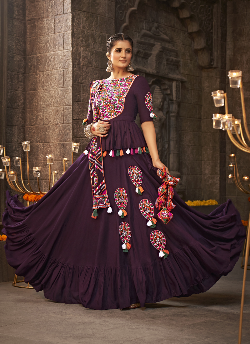 Kediya Style Choli With Embroidered Rayon Purple Navratri Lehenga