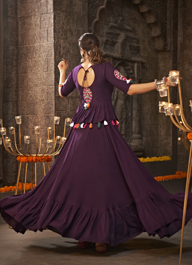 Kediya Style Choli With Embroidered Rayon Purple Navratri Lehenga