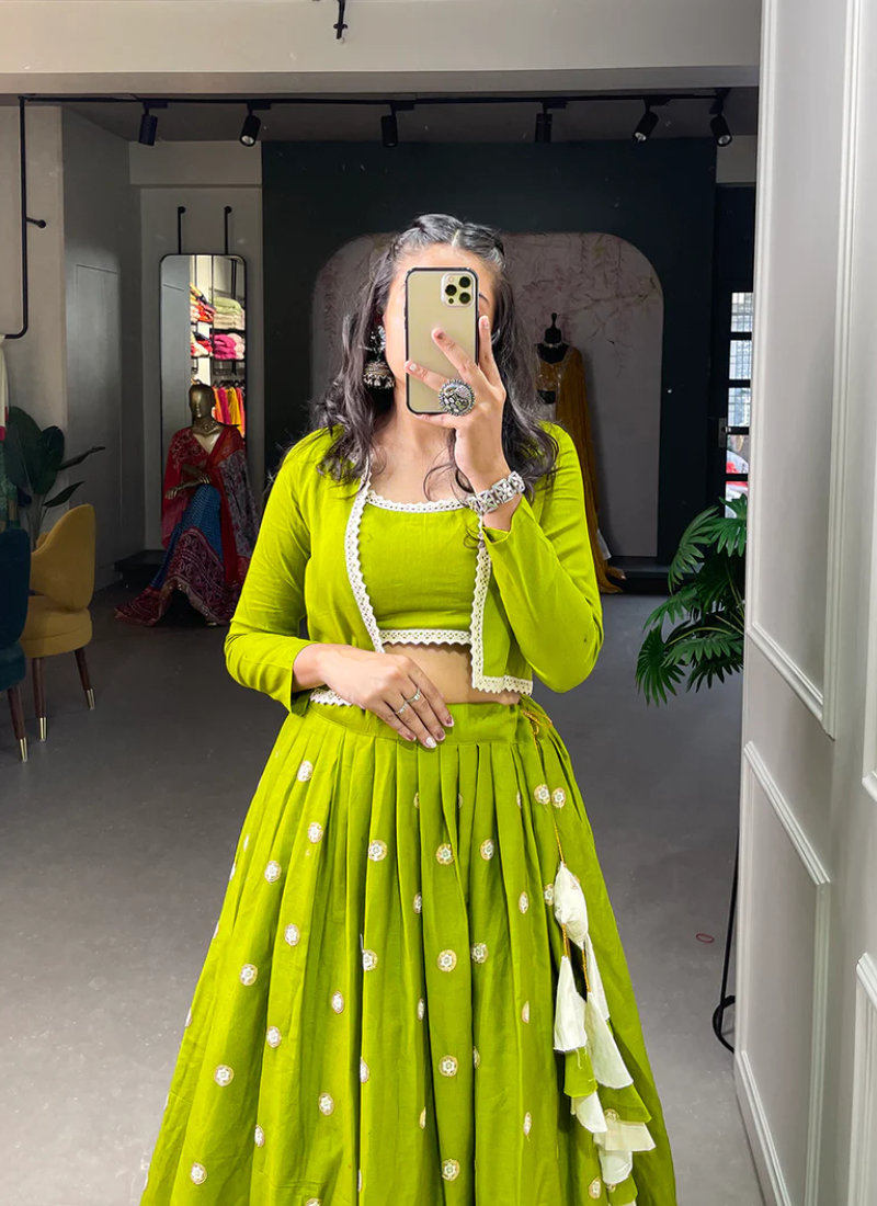 Lakhnavi Work Cotton Parrot Green Traditional Lehenga Choli