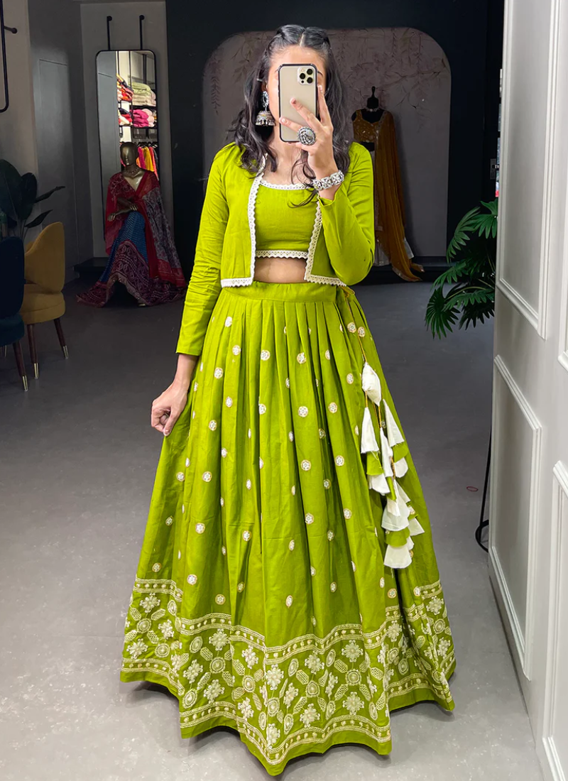 Lakhnavi Work Cotton Parrot Green Traditional Lehenga Choli