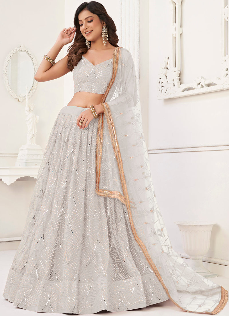 Reception Real Real Mirror Work White Net Lehenga Choli With Dupatta