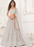 Reception Real Real Mirror Work White Net Lehenga Choli With Dupatta