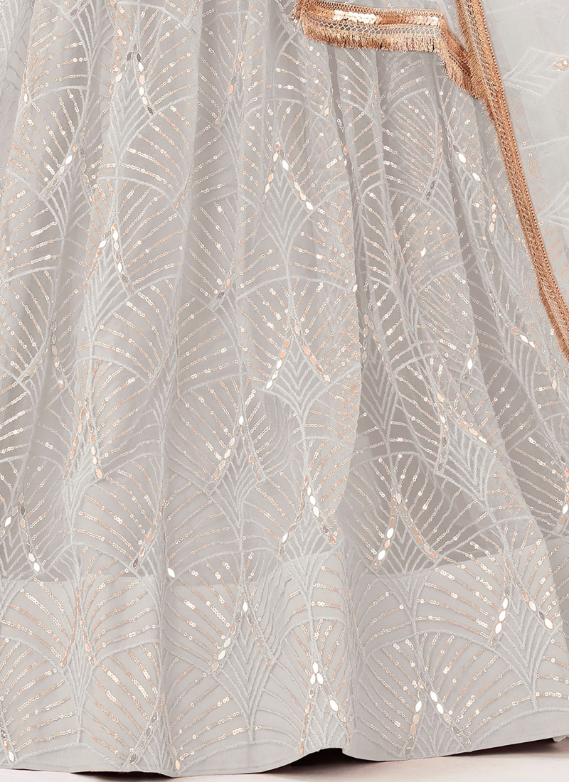 Reception Real Real Mirror Work White Net Lehenga Choli With Dupatta