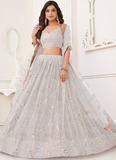 Reception Real Real Mirror Work White Net Lehenga Choli With Dupatta
