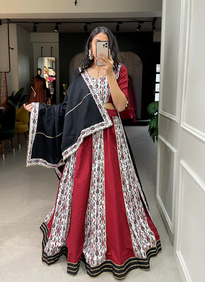 Maroon Pure Cotton Digital Print Lehenga Choli For Navratri