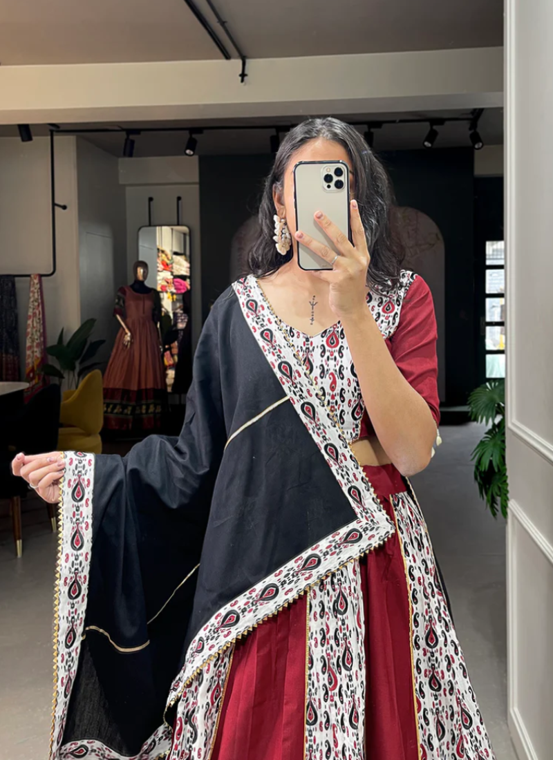 Maroon Pure Cotton Digital Print Lehenga Choli For Navratri