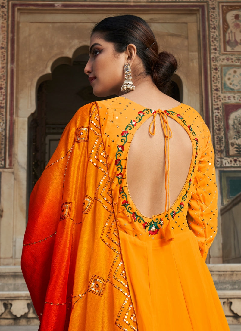 Marvelous Multi Thread Work Georgette Yellow Gown With Dupatta