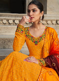 Marvelous Multi Thread Work Georgette Yellow Gown With Dupatta