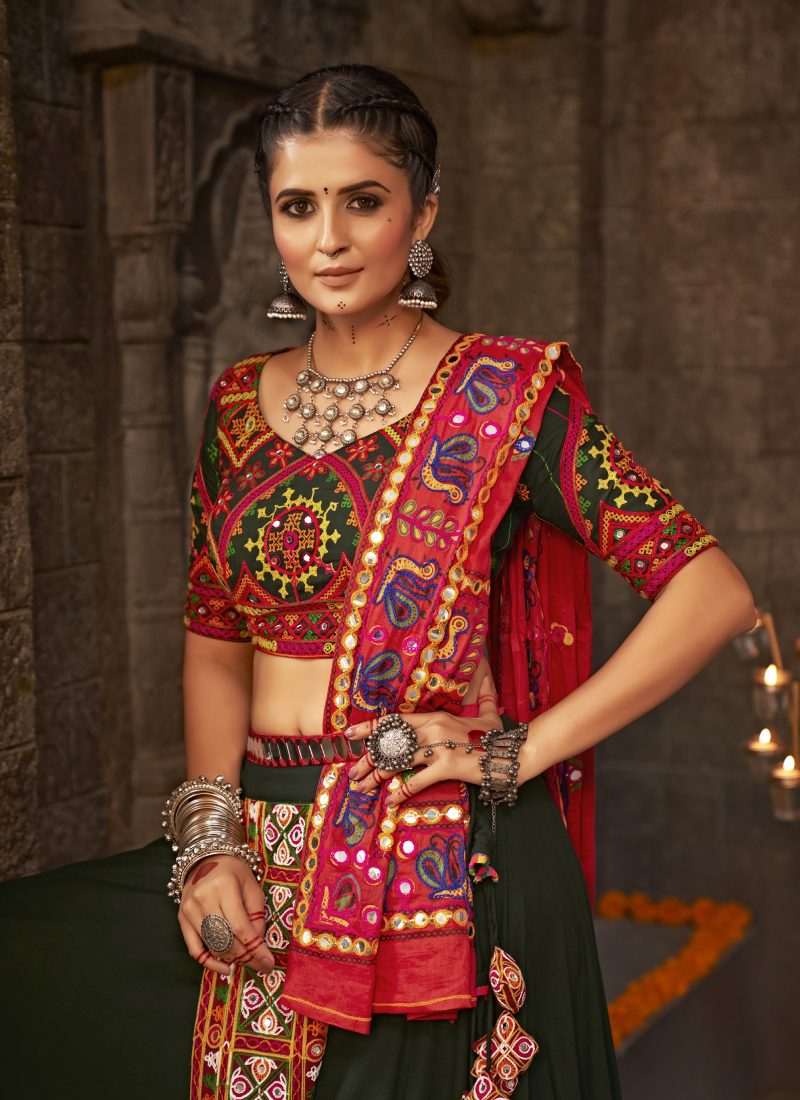 Mehendi Green Real Mirror Work Viscose Rayon Lehenga Choli