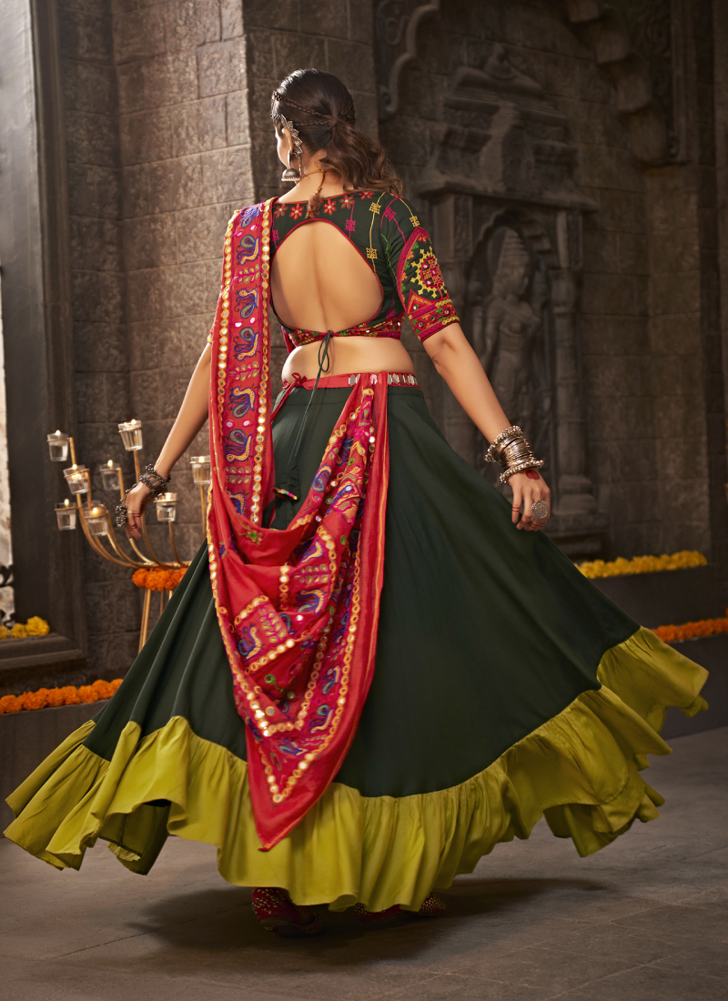 Mehendi Green Real Mirror Work Viscose Rayon Lehenga Choli