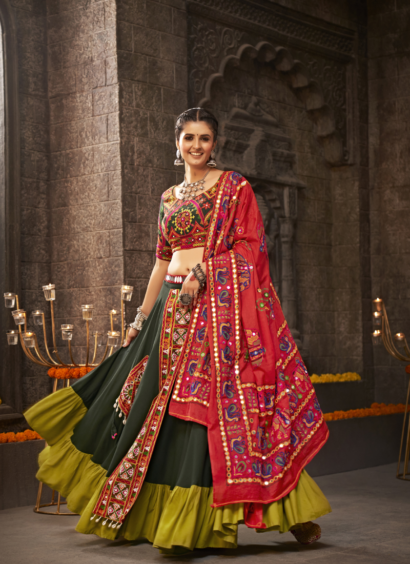 Mehendi Green Real Mirror Work Viscose Rayon Lehenga Choli