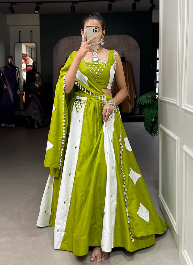 Mirror Work Pure Cotton Parrot Green And White Lehenga Choli