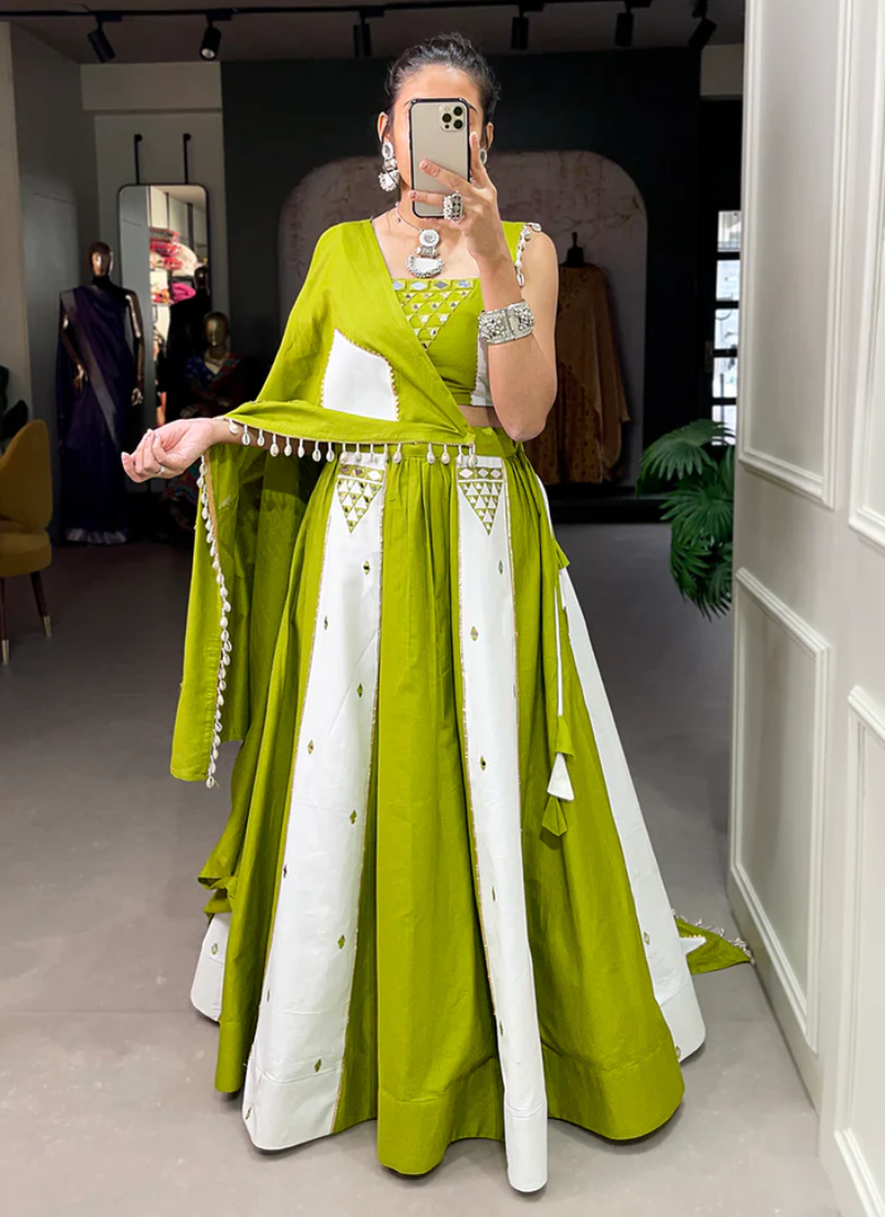 Mirror Work Pure Cotton Parrot Green And White Lehenga Choli