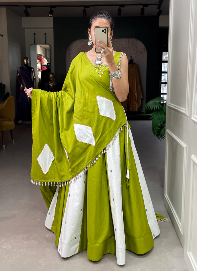 Mirror Work Pure Cotton Parrot Green And White Lehenga Choli