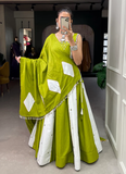 Mirror Work Pure Cotton Parrot Green And White Lehenga Choli
