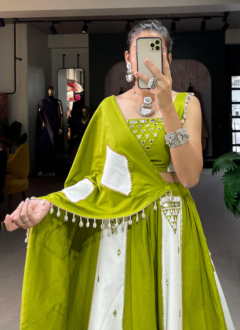 Mirror Work Pure Cotton Parrot Green And White Lehenga Choli