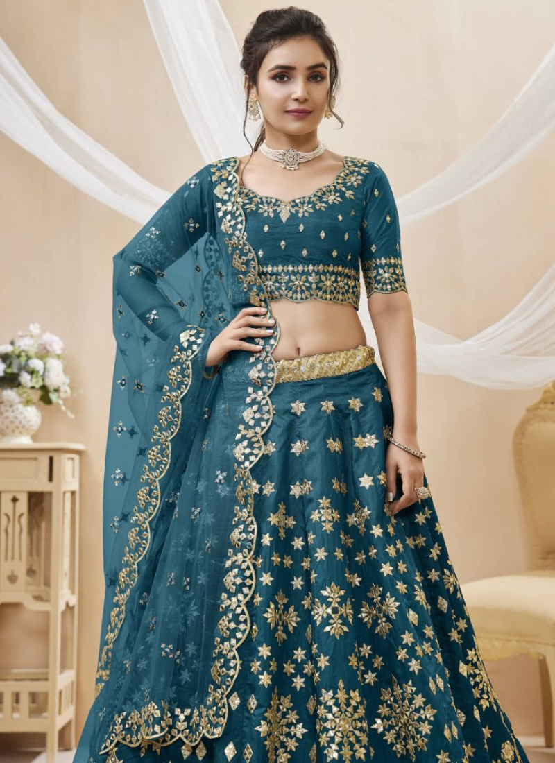 Mulberry Silk Foil Embroidered Work Teal Blue Lehenga Choli