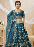 Mulberry Silk Foil Embroidered Work Teal Blue Lehenga Choli