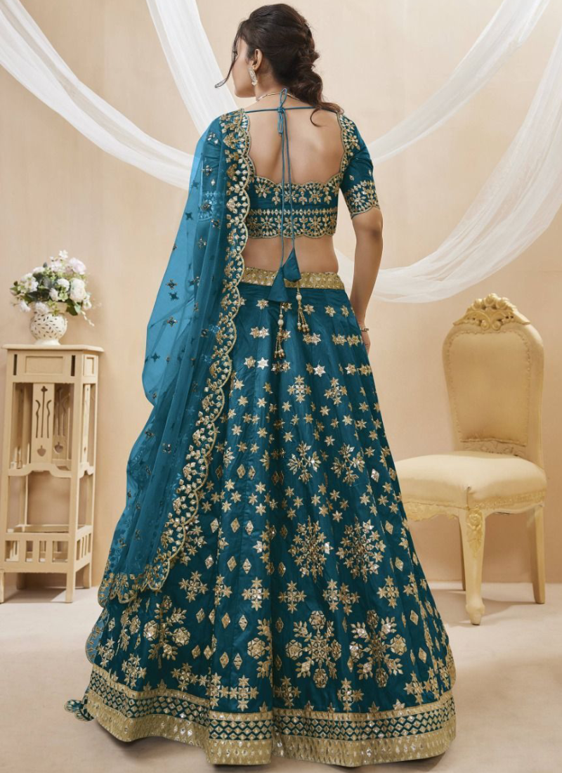 Mulberry Silk Foil Embroidered Work Teal Blue Lehenga Choli