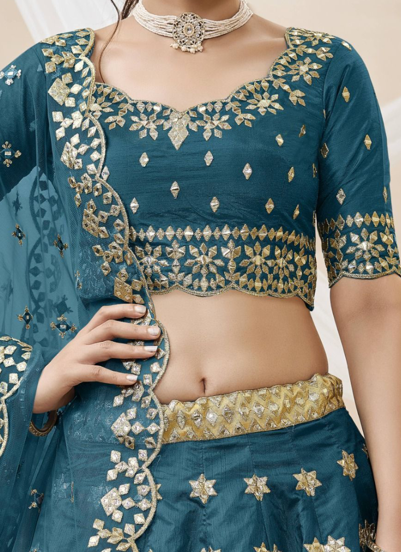 Mulberry Silk Foil Embroidered Work Teal Blue Lehenga Choli