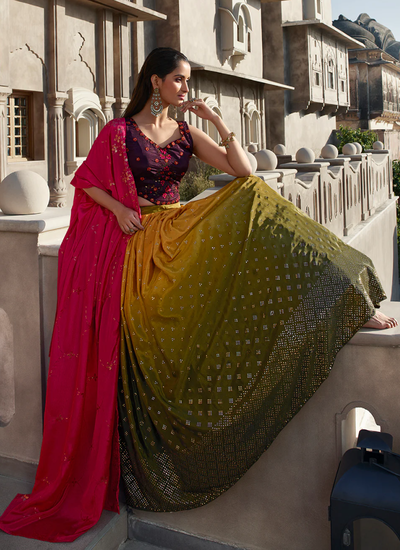 Mustard Olive Embroidered Chinon Silk Lehenga With Designer Choli
