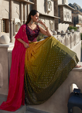 Mustard Olive Embroidered Chinon Silk Lehenga With Designer Choli
